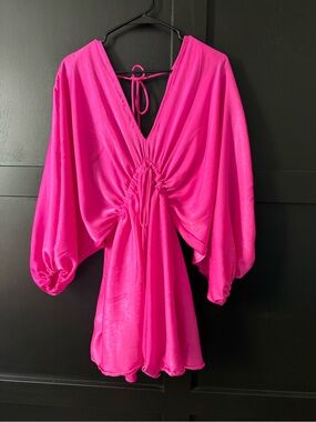 BUCKETLIST Hot Pink V-Neck Ruched Mini Dress